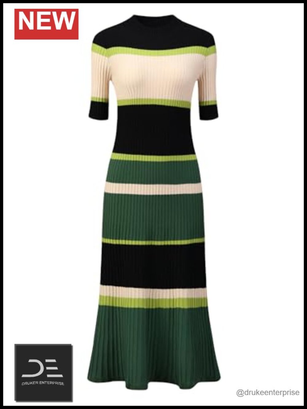Ribbed Knit Striped Midi Dress Short Sleeve Mock Neck Sweater Work